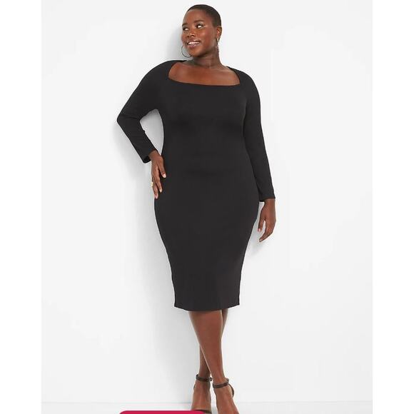 Sexy Square Neck Lane Bryant 28W 3X Black Midi DRESS Stretch Ponte Knit LBD NEW - Picture 3 of 10